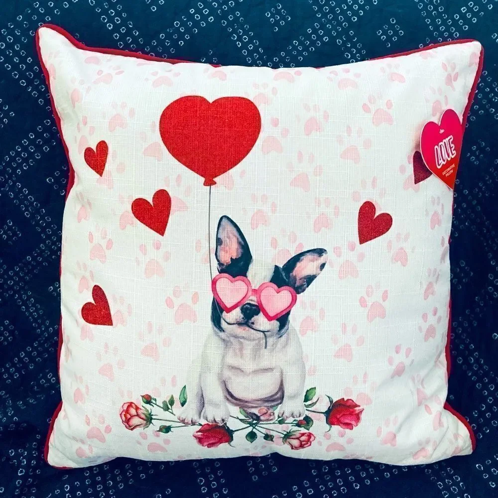 Valentine Hearts Frenchie Boston Dog Throw Pillow